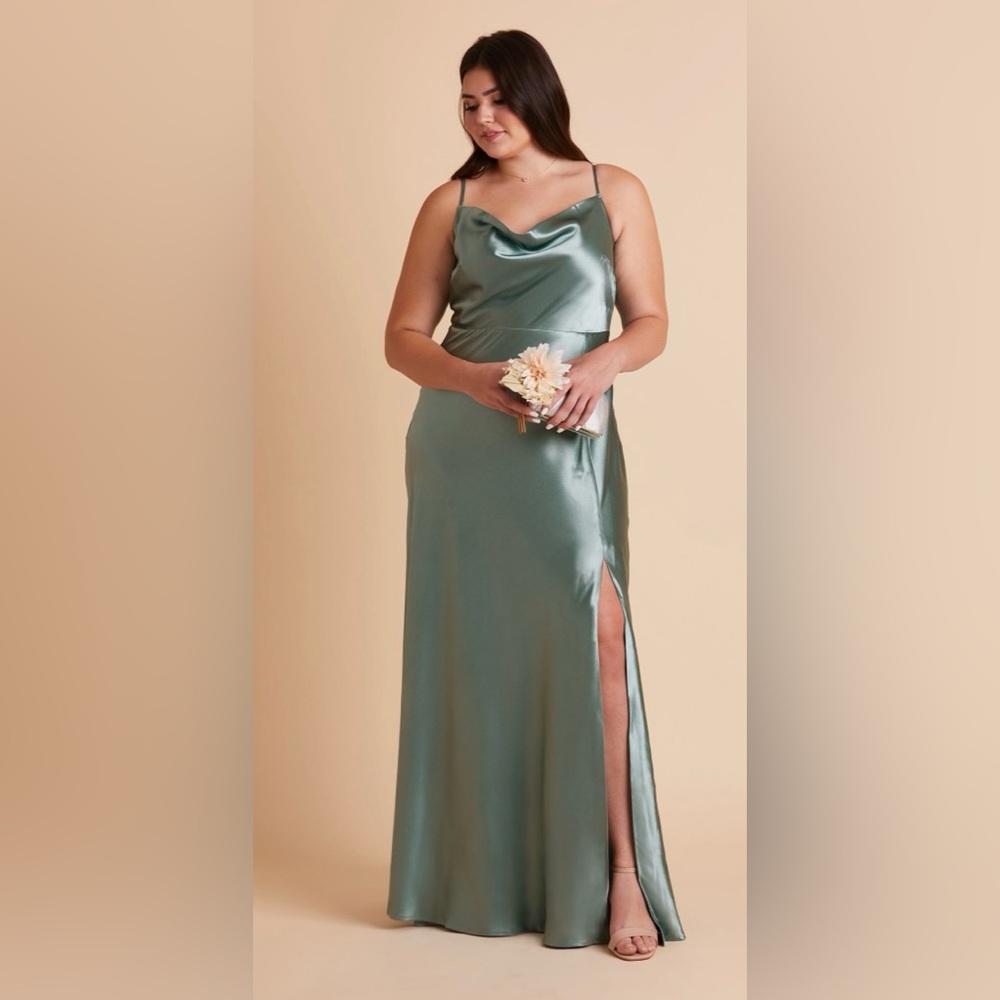 Unaltered Birdy Grey Lisa Shiny Satin Bridesmaid Dress in Sea Glass